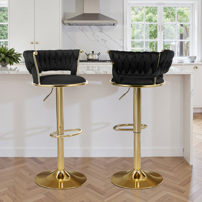 Set di 2 sgabelli da bar moderni girevoli in velluto intrecciato, sgabello, sgabello da bar girevole a 360° con schienale e altezza regolabile, sgabelli da bar alti in metallo dorato per isola cucina, per Natale, festival, regalo di Capodanno