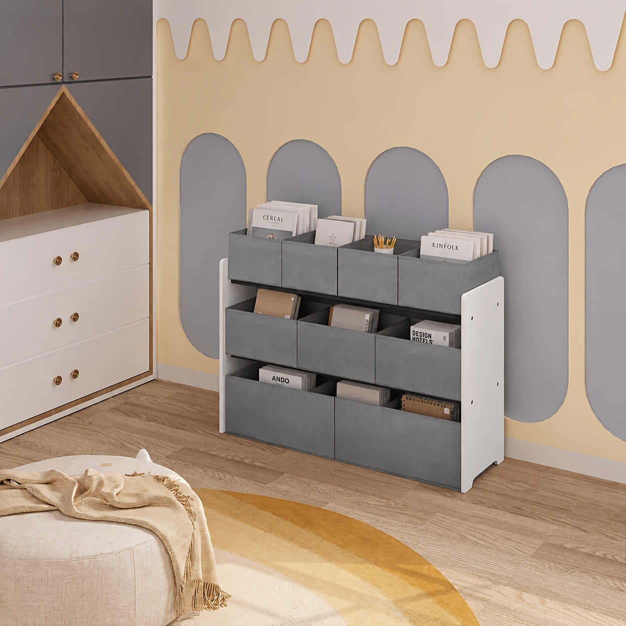 Armadio portaoggetti a 1 pezzo con cassetti, ripiano pratico, forniture per riporre, può essere usato come libreria, scaffale di stoccaggio, scaffale a tre livelli con più cassetti, scatola di stoccaggio in tessuto non tessuto, camera da letto, sala gioch