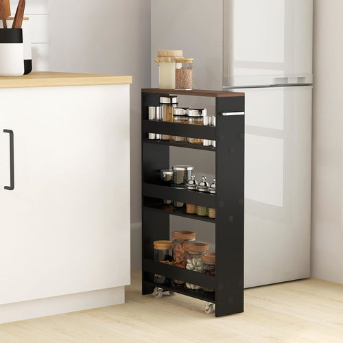 Carrello Staccabile a Quattro Ripiani Stretto, Carrello da Cucina in Legno con Ripiani Aperti, Carrello da Cucina Mobile