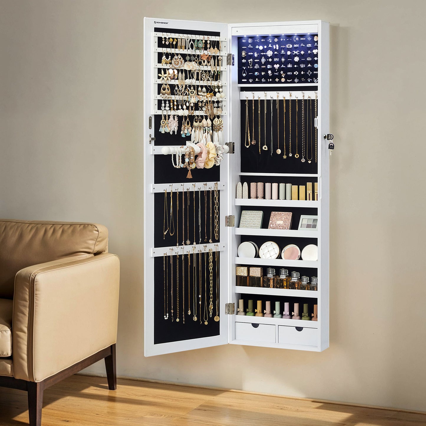 Armadietto Portagioie da Parete o Porta, con Specchio e 6 Lampadine LED, Serratura