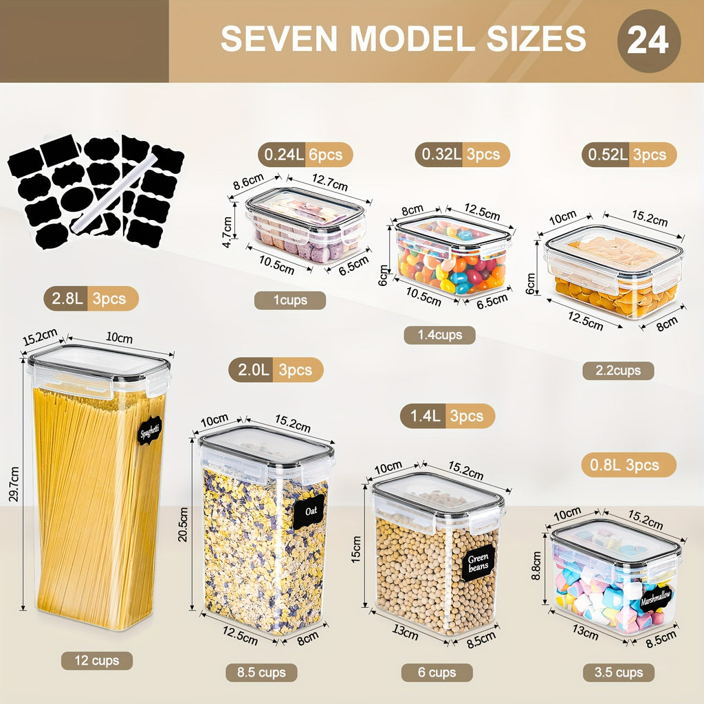 Set di 24 contenitori ermetici per alimenti con coperchi per l'organizzazione e lo stoccaggio in cucina, set di barattoli in plastica per cereali, pasta, farina e zucchero, etichette e pennarello