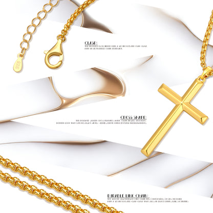 Questo elegante e raffinato collana con ciondolo da uomo è realizzata in argento 925 e placcata in oro 18 carati. Include una catena a scatola e un ciondolo a croce tridimensionale.