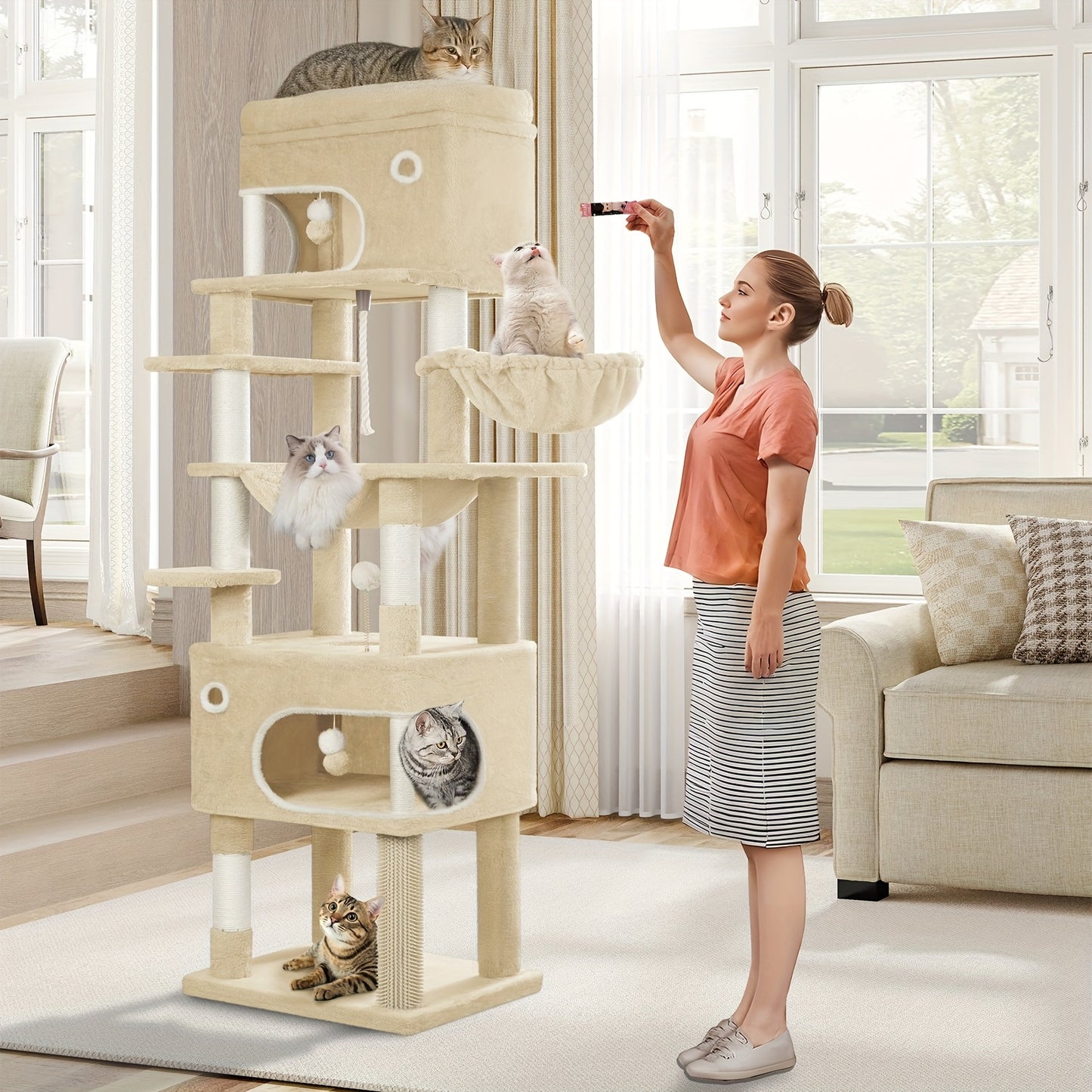 Graffio per Gatti, Albero da 178 cm con Ampia Piattaforma, 2 Rifugi, 7 Pali Graffiatori, Pomponi, Amaca e Postazioni Relax, Adatto a Tutte le Razze di Gatti, Beige