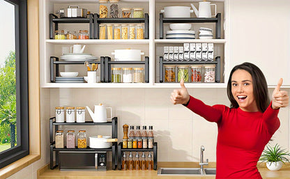 Organizzatore di Scaffali da Cucina in Metallo Regolabile ed Espandibile, Porta Spezie per Banconi e Armadietti, Ideale per Dispensa, Bagno - Scaffali Multiuso a Staffa Sopra, Organizzatori e Contenitori da Cucina, Mensole di Utilità