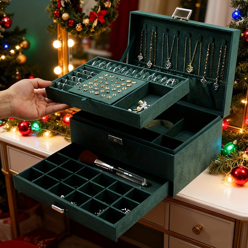 Scatola Organizzatrice Gioielli a 3 Scomparti con Serratura a Chiave - Scomparti Rivestiti in Velluto Morbido per Orecchini, Collane, Bracciali, Anelli - Scatola PU Pastello, Serratura, Design Retrò, Regalo Ideale per (Natale, Matrimonio), Scatole Gioiell