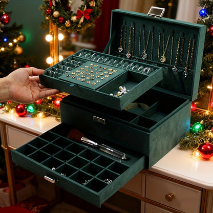 Scatola Organizzatrice Gioielli a 3 Scomparti con Serratura a Chiave - Scomparti Rivestiti in Velluto Morbido per Orecchini, Collane, Bracciali, Anelli - Scatola PU Pastello, Serratura, Design Retrò, Regalo Ideale per (Natale, Matrimonio), Scatole Gioiell