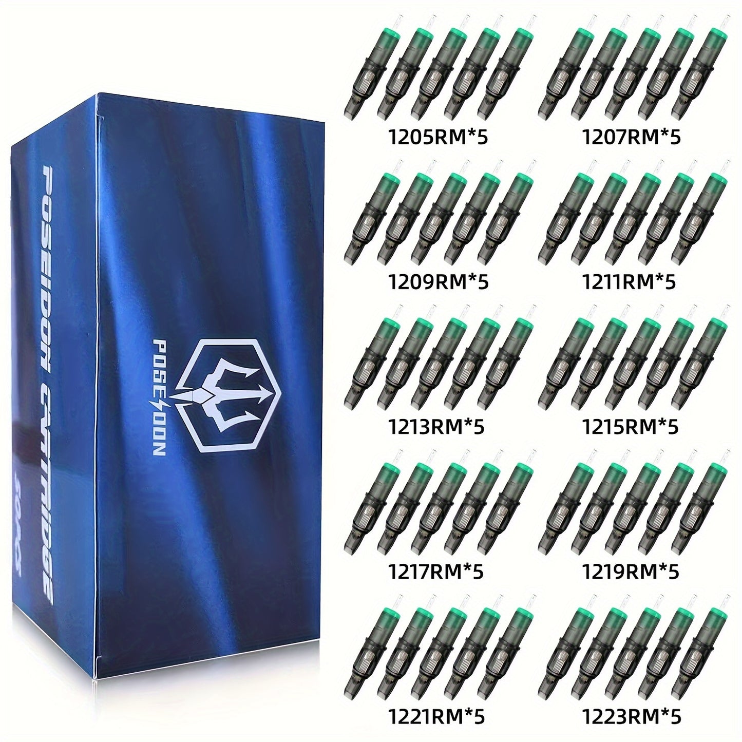 50 Aghi per Tatuaggi Poseidon Assortiti in Varie Misure, Incluse Tipi Round Liner, Shader e Magnum, Disponibili in Opzioni Curve e Rotonde