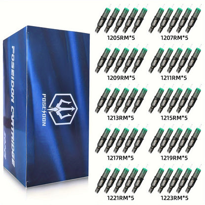 50 Aghi per Tatuaggi Poseidon Assortiti in Varie Misure, Incluse Tipi Round Liner, Shader e Magnum, Disponibili in Opzioni Curve e Rotonde