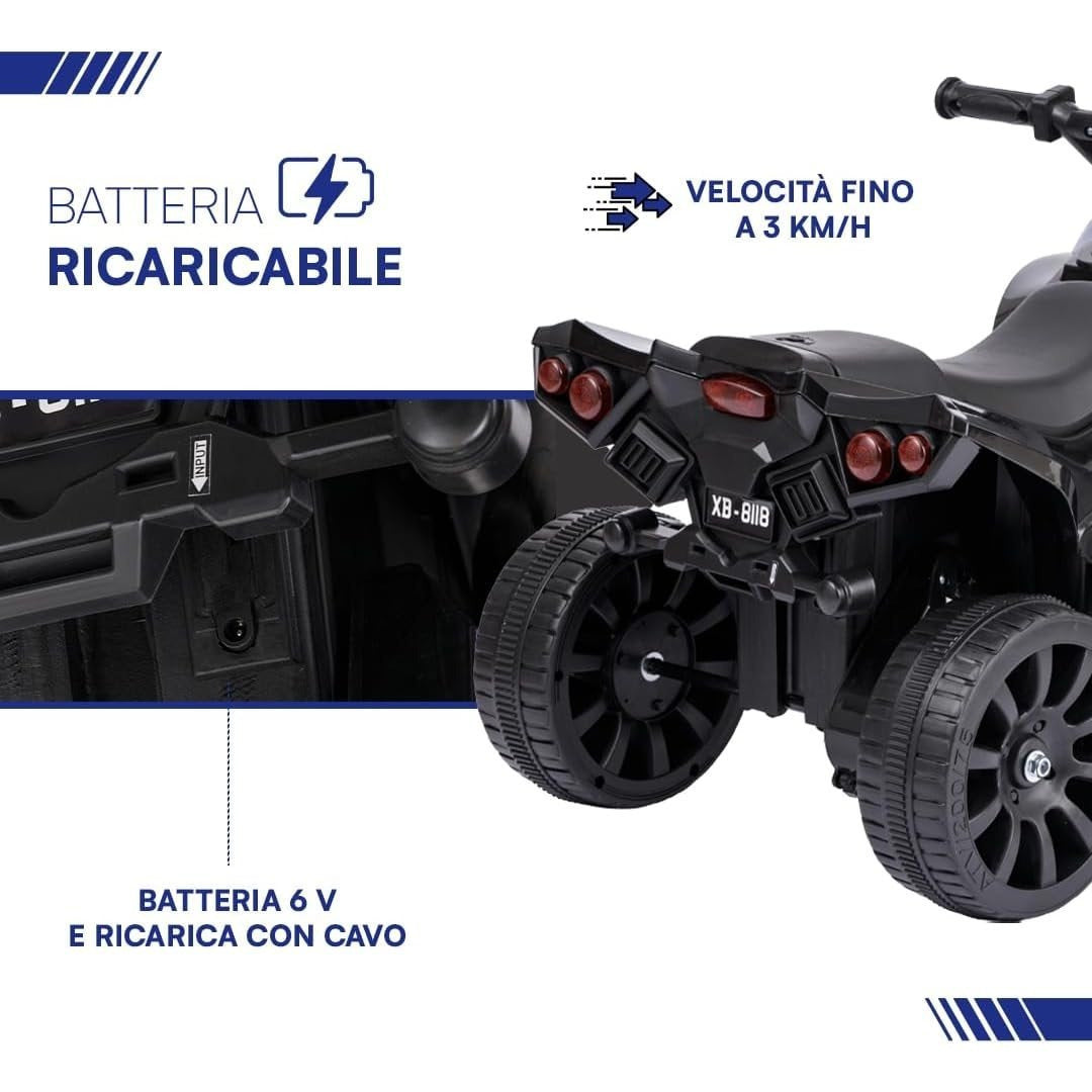 Baroni Toys Quad Elettrico per Bambini 3+ anni con Manubrio Sterzante, Musica e Luci Funzionanti, Quad con Modalità Avanti/Retro, Facile da Montare, 70x42x45 cm