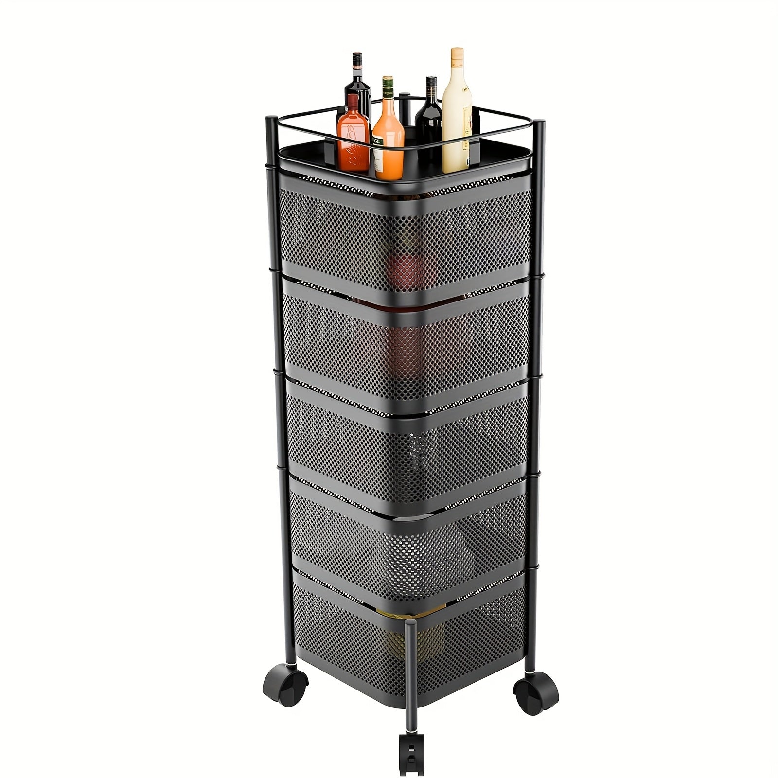 Carrello Girevole a 5 Ripiani per Cucina con Ruote, Struttura in Metallo Robusto, Ideale per Dispensa, Portafrutta, Verdure, Carrello Salvaspazio per Uso Domestico o Commerciale, Scaffale Autoportante