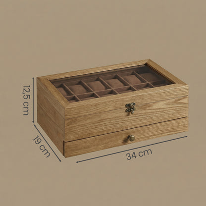 Scatola per Orologi, Porta Orologi in Legno, Scatola Portaorologi a 2 Livelli, 12 Posti, con Coperchio in Vetro, Cuscinetti per Orologi, Rivestimento in Velluto, scatola di conservazione a grande capacità per la casa, scelta ideale per i regali, scomparti