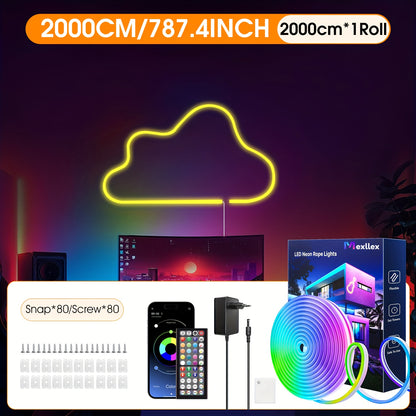 Striscia LED Neon 5M/10M/15M/20M/30M, 24V, Telecomando/Controllo App, Striscia Luminosa RGB Flessibile, IP67, Ideale per Camera da Letto, Decorazioni per Interni ed Esterni