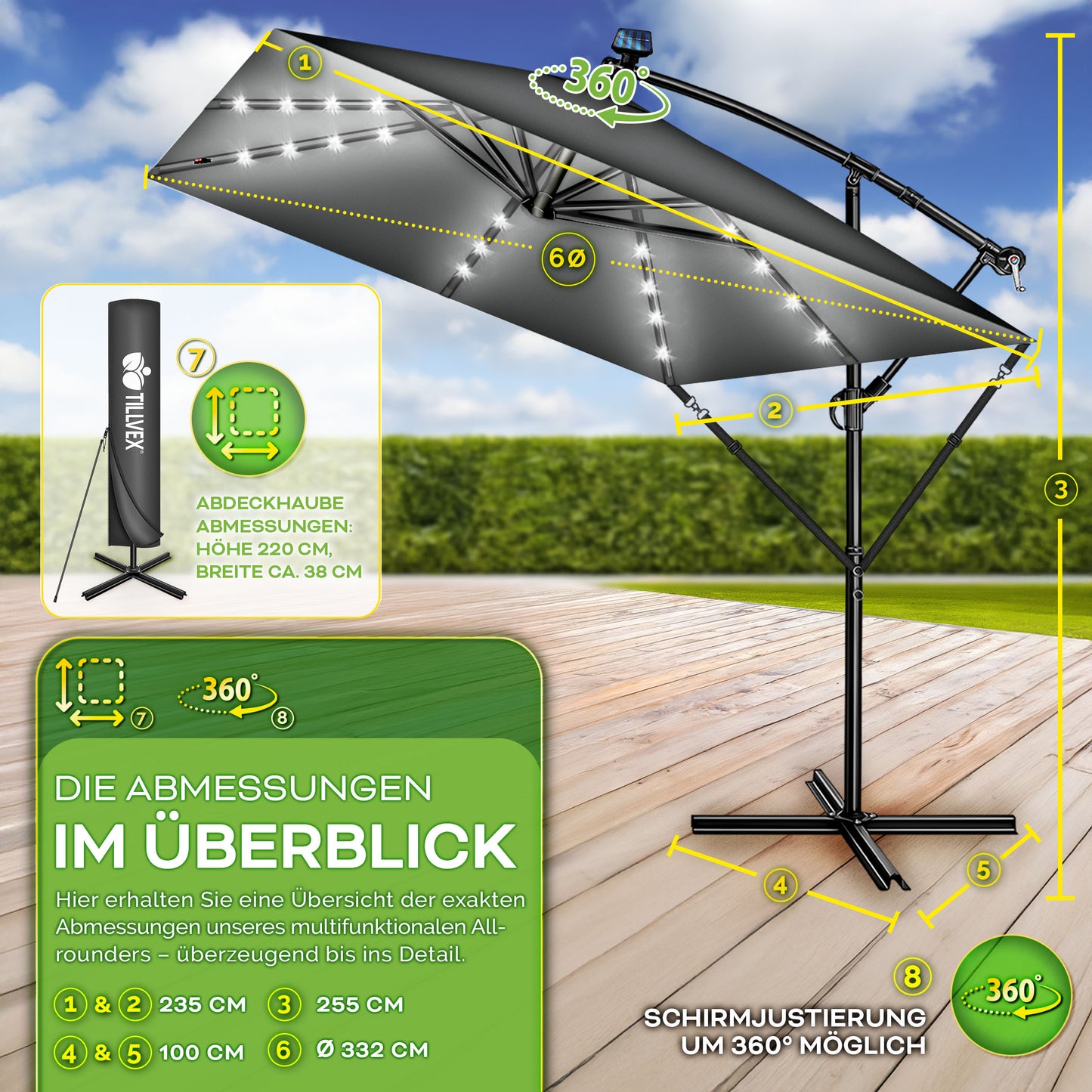 Tillvex® Tenda da Sole Rettangolare in Alluminio con LED Solare Ø 330 Cm + Copertura con Manovella | Ombrello Angolare con Luce Stradale, Supporto e Parabrezza | Grande Ombrello da Giardino in Alluminio con Protezione UV | Ombrello con Manovella, Ombrello