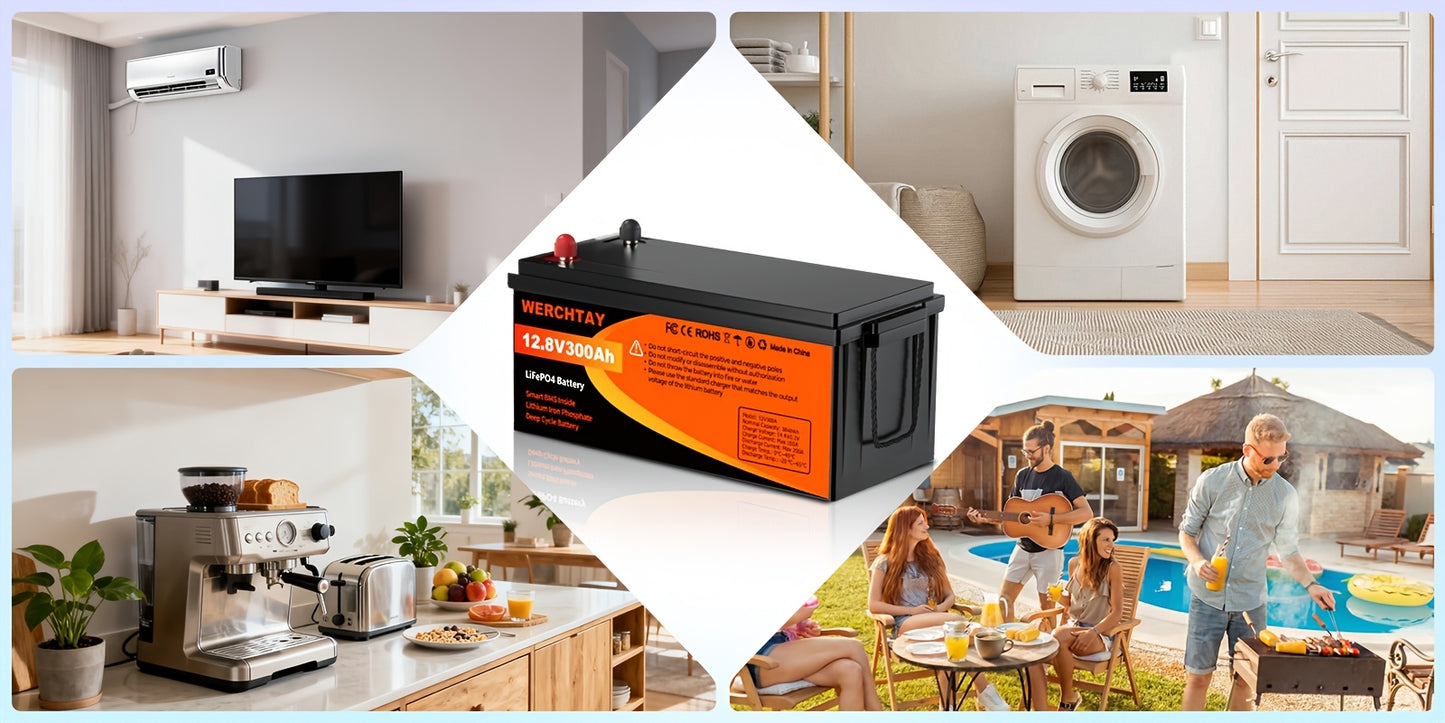 Batteria WERCHTAY 12.8V LiFePO4 300/200/100Ah, Dotata di Celle di Batteria di Grado A+, Oltre 25000 Cicli di Scarica Profonda, Protezione Intelligente BMS da Sovraccarica/Sottocarica, per Accumulo Energetico Domestico, Camper da Esterno, Applicazioni Sola