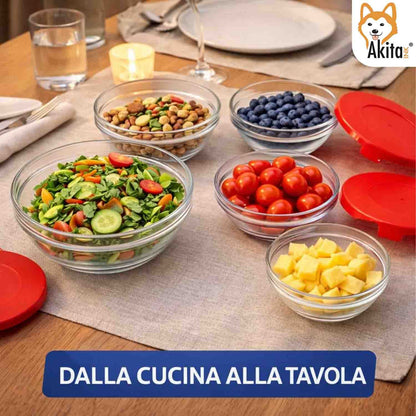 AkitaInk Set 5 Contenitori in Vetro con Coperchio Rosso - Ciotole Impilabili per Conservazione Alimenti, Frigo e Freezer - Diverse Misure