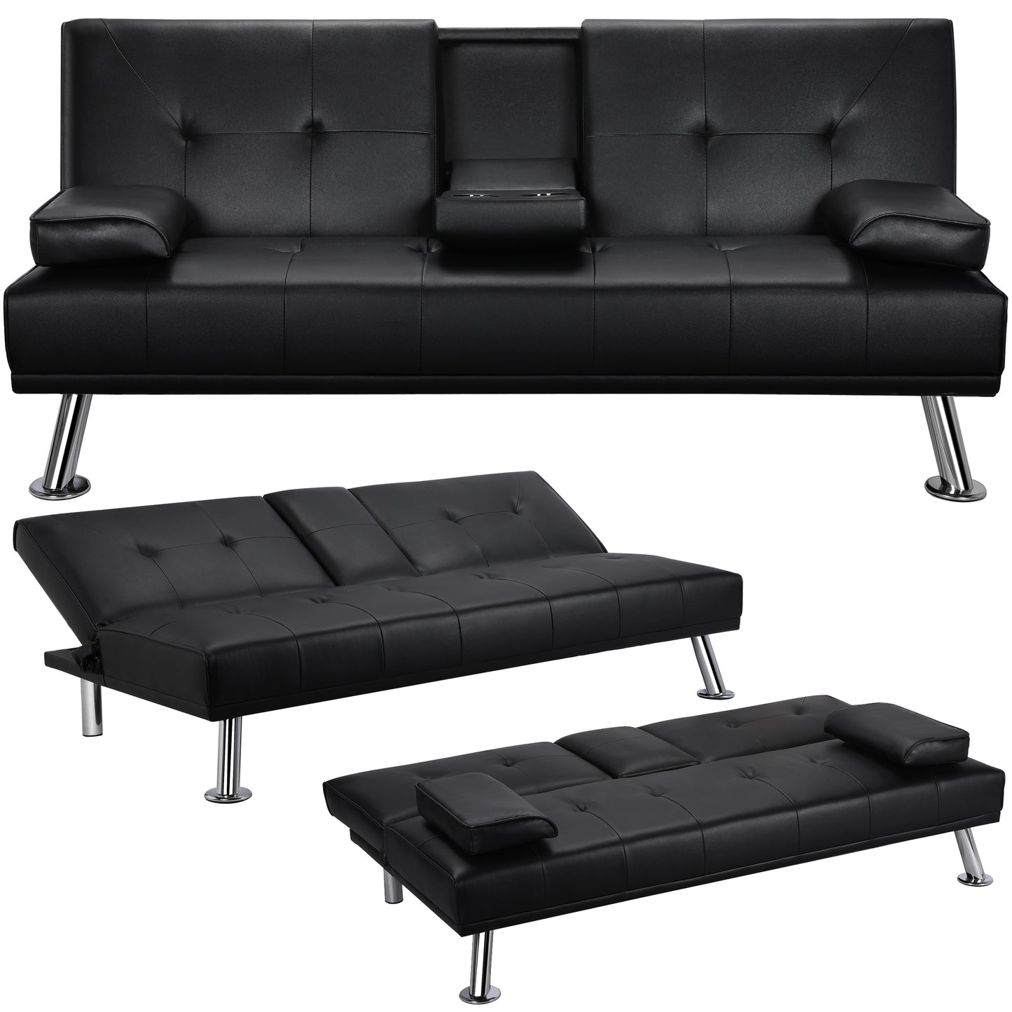 Costoffs Divano Letto a 3 Posti Divano Trasformabile con 2 Braccioli Staccabili Mobile Imbottito con Supporto Centrale Porta Bicchieri Divanetto Reclinabile da Salotto