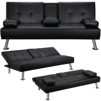 Costoffs Divano Letto a 3 Posti Divano Trasformabile con 2 Braccioli Staccabili Mobile Imbottito con Supporto Centrale Porta Bicchieri Divanetto Reclinabile da Salotto