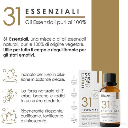 Olio alle 31 Erbe Balsamico e Defaticante, Miscela di 31 Oli Essenziali Concentrati, Puri e Naturali Multiuso per Massaggi, Suffumigi, Aromaterapia, Cura della Pelle e Capelli. Essenze 50ml