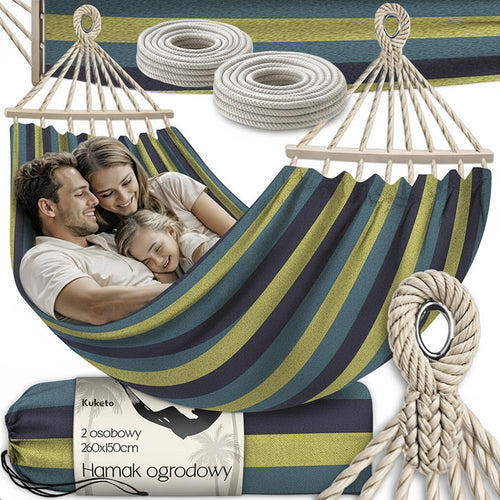 Kuketo - Amaca da giardino XXL per 2 persone 260x150 cm con asta in legno, amaca da viaggio con copertura per balcone, terrazza, giardino, orto, materiale durevole in cotone-poliestere, amaca stabile e robusta per relax, campeggio, viaggio, altalena da gi