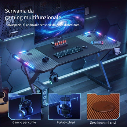 Scrivania da Gaming a Forma di Y con Luci LED RGB, Superficie in Fibra di Carbonio, Tavolo per Computer Ergonomico con Portabicchieri e Gancio per Cuffie, Postazione di Lavoro per Gamer, Ideale per Setup pz in Camera da Letto, Regalo di Natale, Compleanno