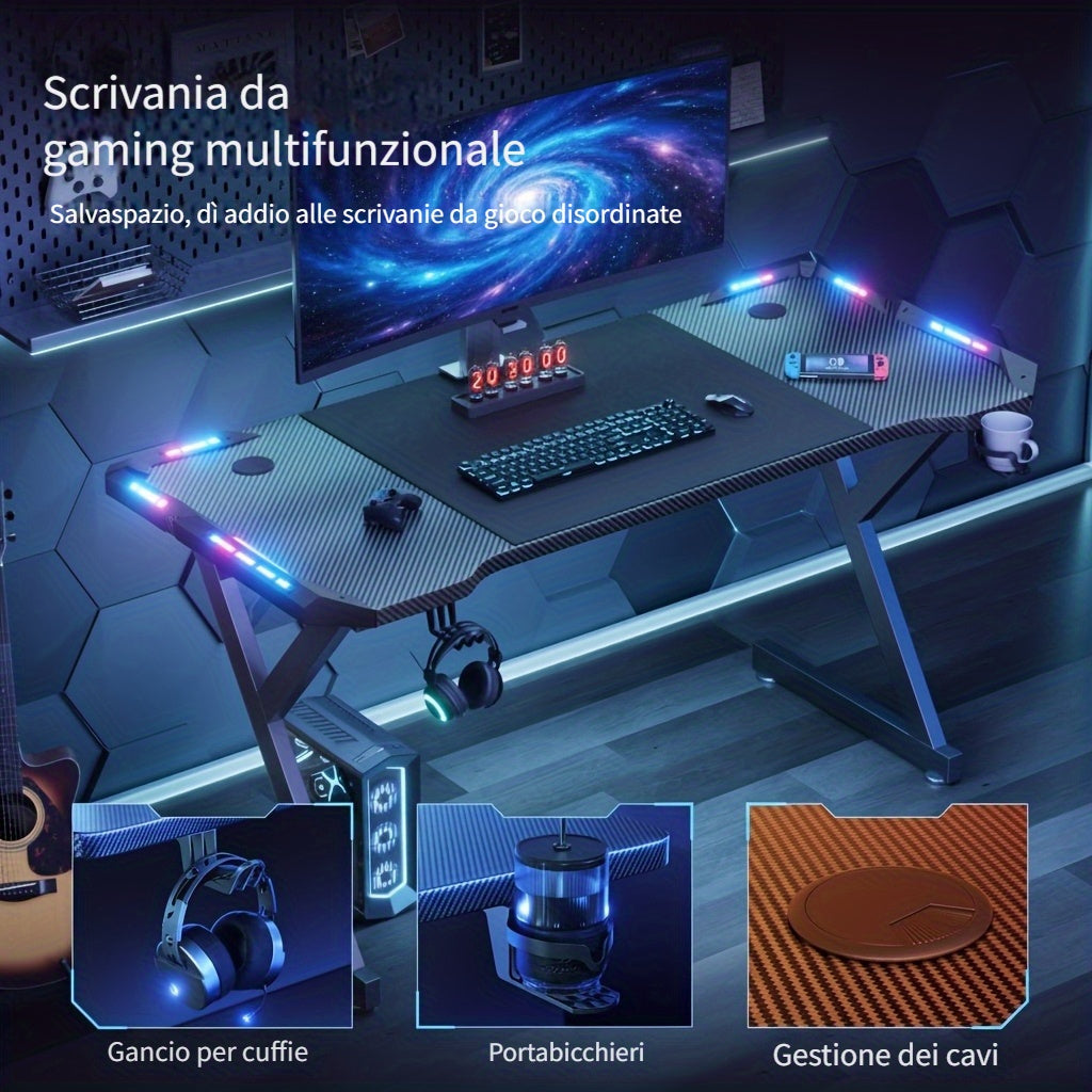 Scrivania da Gaming a Forma di Y con Luci LED RGB, Superficie in Fibra di Carbonio, Tavolo per Computer Ergonomico con Portabicchieri e Gancio per Cuffie, Postazione di Lavoro per Gamer, Ideale per Setup pz in Camera da Letto, Regalo di Natale, Compleanno