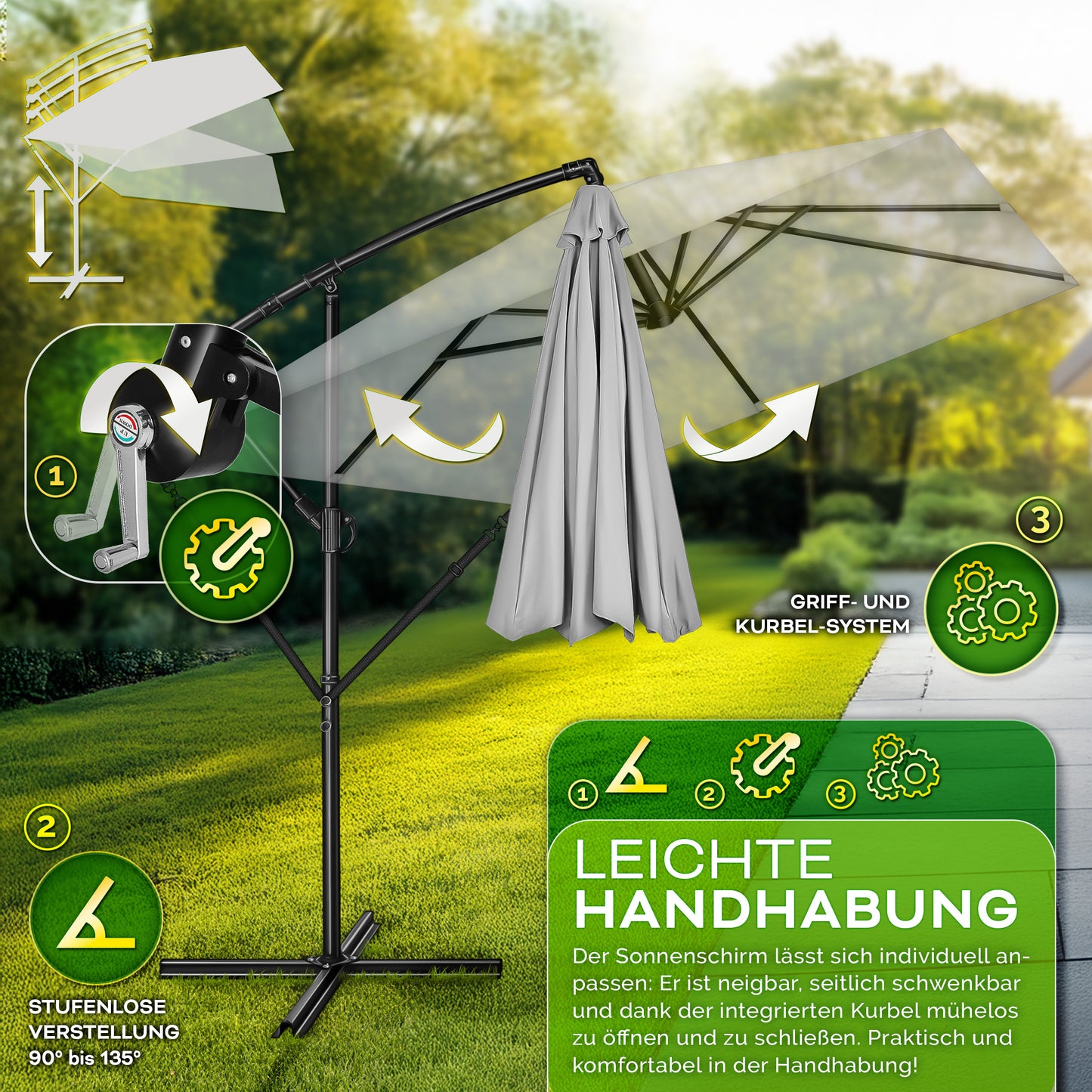 Tillvex® Parasole Rettangolare in Alluminio Ø 330 Cm + Copertura con Manovella | Schermo Angolare a Luce Rossa con Supporto & Parabrezza | Grande Parasole da Giardino in Alluminio Protezione UV | Schermo con Manovella Impermeabile Girevole a 360° per Terr