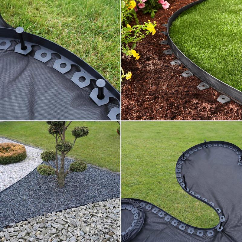 Kit per Bordatura Giardino Nero, 10m con 20 Pali, per Delimitare Prati, Sentieri e Bordi, Flessibile, Resistente alle Intemperie, Facile da Installare e Modellare, Previene Crescita di Erbacce e Erba, Manutenzione Semplice