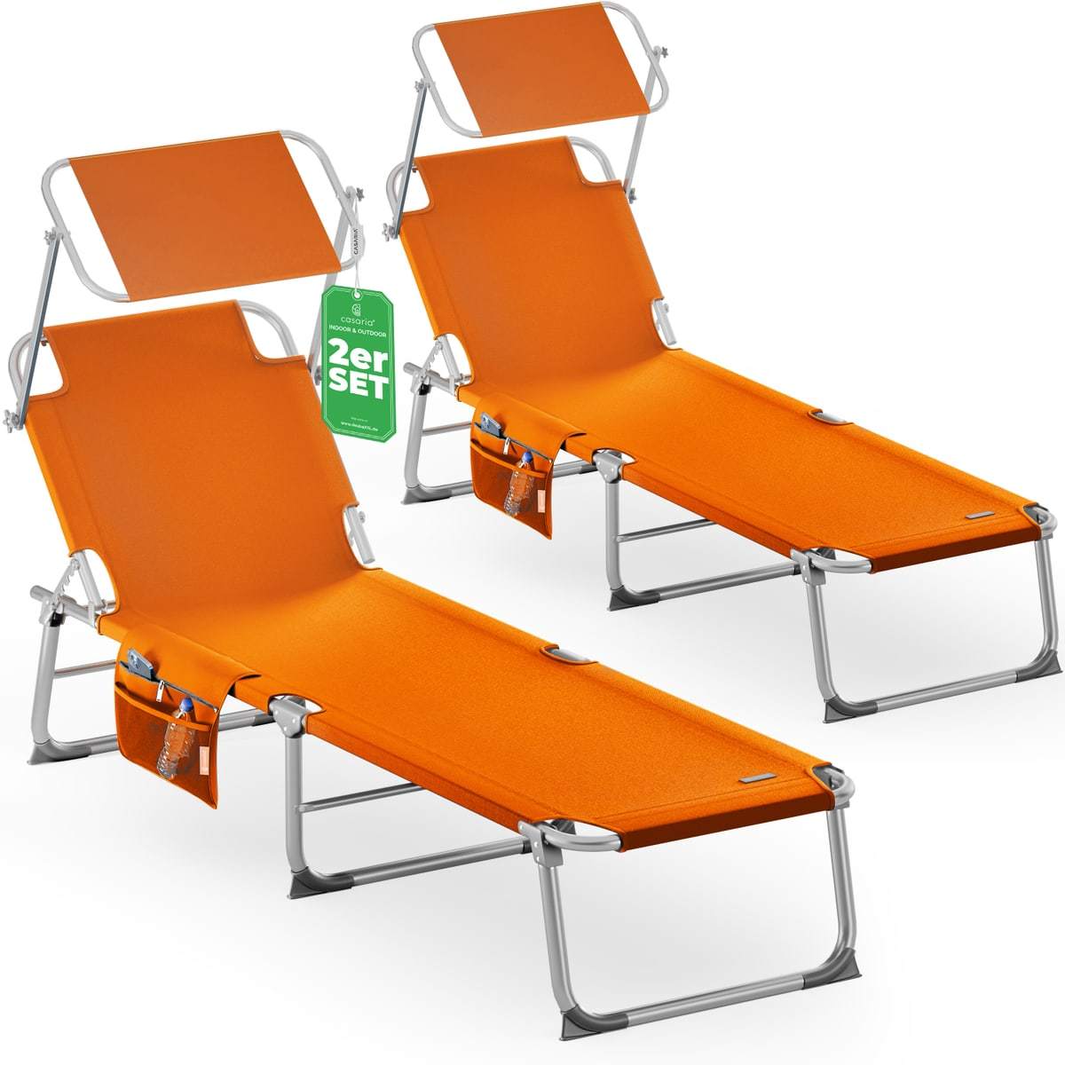 CASARIA® Set da 2 pezzi Lettino prendisole pieghevole in alluminio con cappelliera e tasca laterale, capacità di carico 150 kg, sedia sdraio da giardino resistente alle intemperie