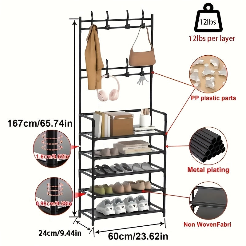 Scarpiera portaoggetti - Appendiabiti salvaspazio, scarpiera a 5 ripiani con 8 ganci, robusta struttura in metallo/plastica dorata, design autoportante o a parete per casa, ufficio e negozio - Adatta per riporre scarpe, cappotti, cappelli, ecc., regalo di