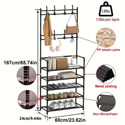 Scarpiera portaoggetti - Appendiabiti salvaspazio, scarpiera a 5 ripiani con 8 ganci, robusta struttura in metallo/plastica dorata, design autoportante o a parete per casa, ufficio e negozio - Adatta per riporre scarpe, cappotti, cappelli, ecc., regalo di