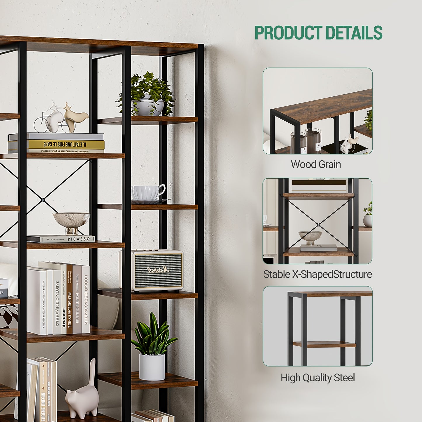 Bookshelf, Scaffale Verticale Con 6 Livelli E 15 Ripiani, Ripiani Aperti Regolabili, Per Soggiorno, Ufficio, Camera Da Letto, 30 X 100 X 170cm, Marrone Scuro Vintage
