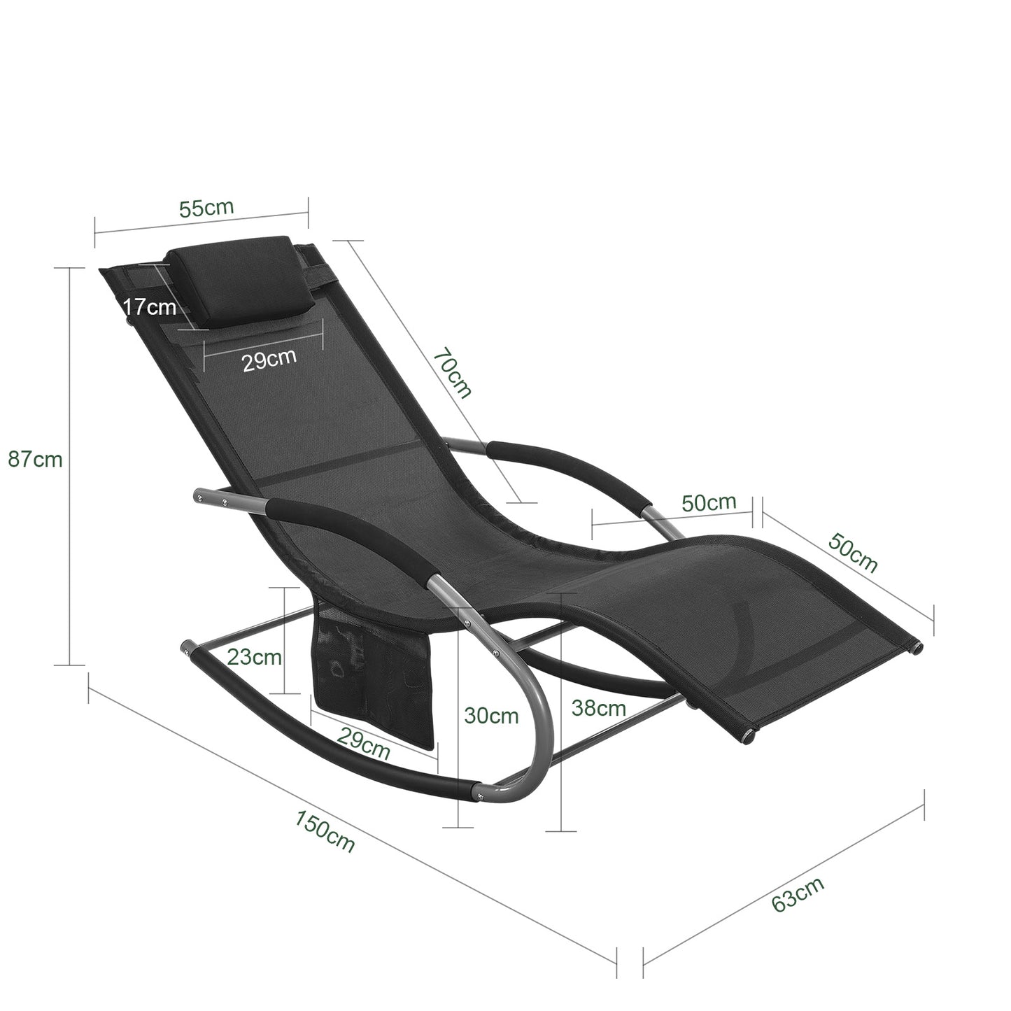 1 Pezzo Lettino Prendisole Lettino da Giardino Sdraio Relax Sedia a Dondolo da Esterno con Cuscino Poggiatesta Superficie Ergonomica Tessuto Resistente agli Agenti Atmosferici Struttura in Metallo Tasca Laterale Portata Massima 150 kg Terrazza Balcone Gia