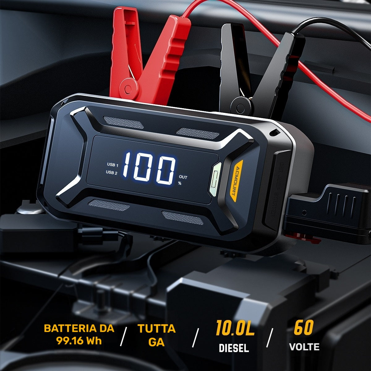 Avviatore di Emergenza per Auto, Batteria Booster ad Alta Capacità da 26800Mah per Tutti i Motori a Benzina e Diesel da 10.0L, Avviatore Auto 12V con Torcia, Ampio Display LCD, Ricarica Rapida USB