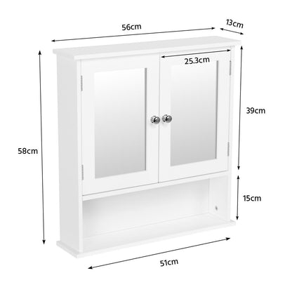 Armadietto Bagno Specchio da Muro Parete Mobile Bagno Sospeso con 2 Ante Mobiletto Pensile Mensola Ripiano Regolabile 58 x 56 x 13 cm