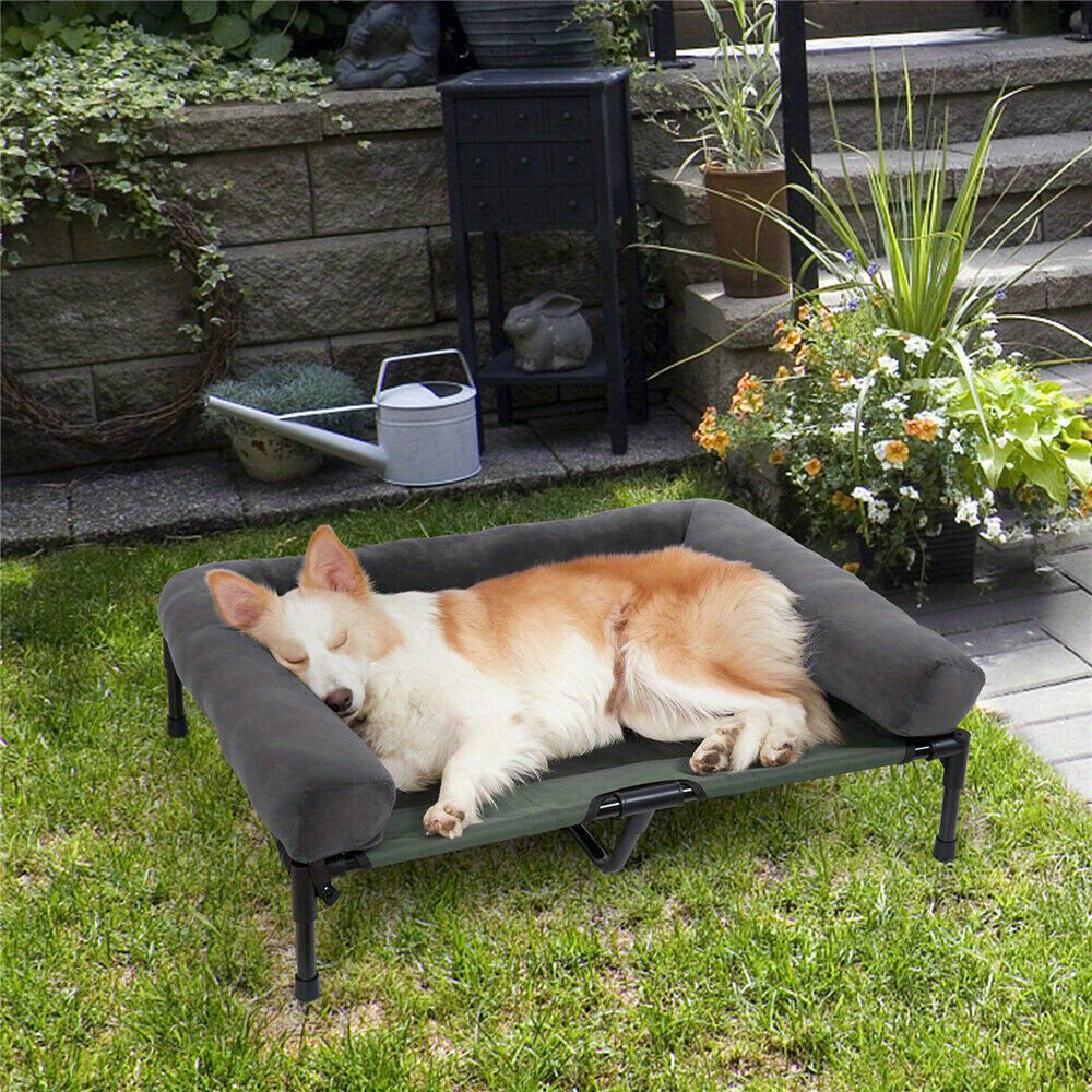Letto per Cani da Campeggio Rialzato L/XL/2XL - Lettino Esterno di Alta Qualità con Tappetino Traspirante e Morbidi Tappeti in Peluche, Struttura Robusta per Cani Grandi, Poliestere Resistente ad Tutte le Condizioni Atmosferiche, Montaggio Facile e Design