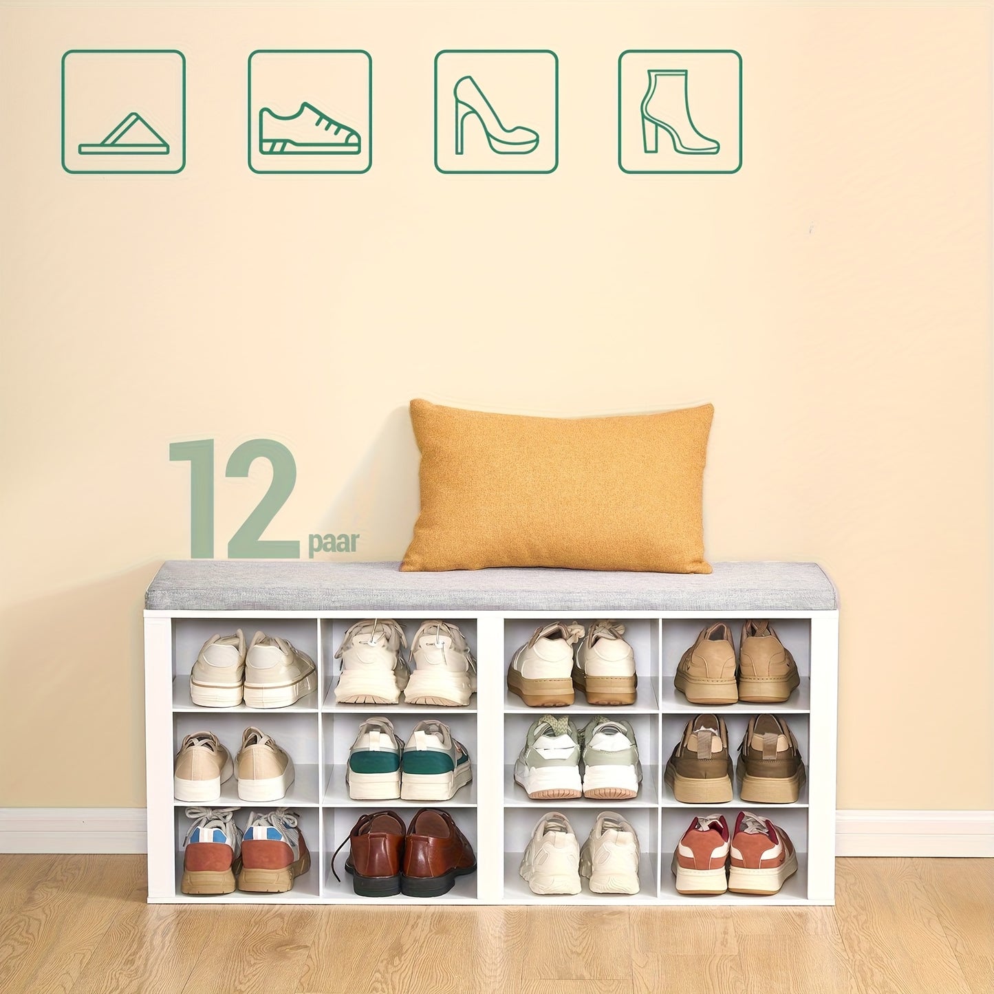 Panchina Portascarpe, Scaffale per Scarpe con Seduta, Panchina con Contenitore, Cuscino, 12 Scomparti, per Soggiorno, Ingresso, Camera da Letto, Bianco-grigio