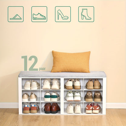 Panchina Portascarpe, Scaffale per Scarpe con Seduta, Panchina con Contenitore, Cuscino, 12 Scomparti, per Soggiorno, Ingresso, Camera da Letto, Bianco-grigio