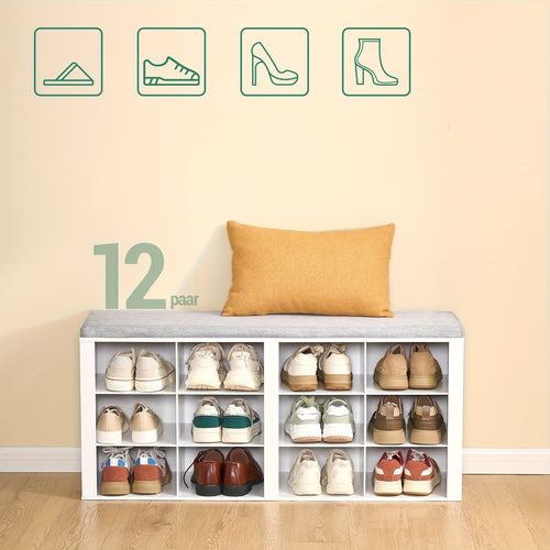 Panchina Portascarpe, Scaffale per Scarpe con Seduta, Panchina con Contenitore, Cuscino, 12 Scomparti, per Soggiorno, Ingresso, Camera da Letto, Bianco-grigio