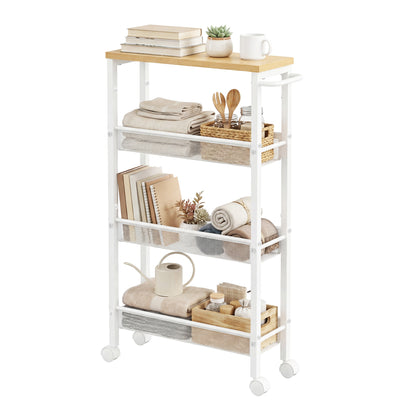 Carrello multiuso con rotelle, design sottile, si inserisce perfettamente negli spazi della cucina. Adatto per l'uso vicino alle cappe aspiranti, nei bagni e accanto ai frigoriferi.