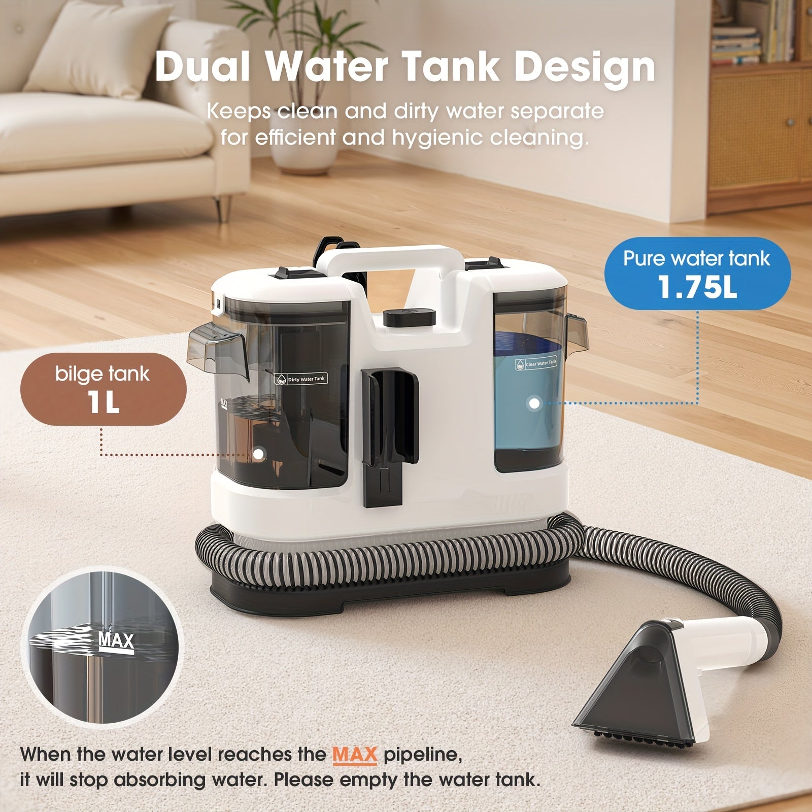 Macchina per la pulizia di macchie di tappeti e rivestimenti portatile multiuso, potente aspirazione da 22500Pa, macchina per la pulizia di tessuti con doppio serbatoio dell'acqua, smacchiatore non chimico per tappeti, animali domestici, sedili auto, diva