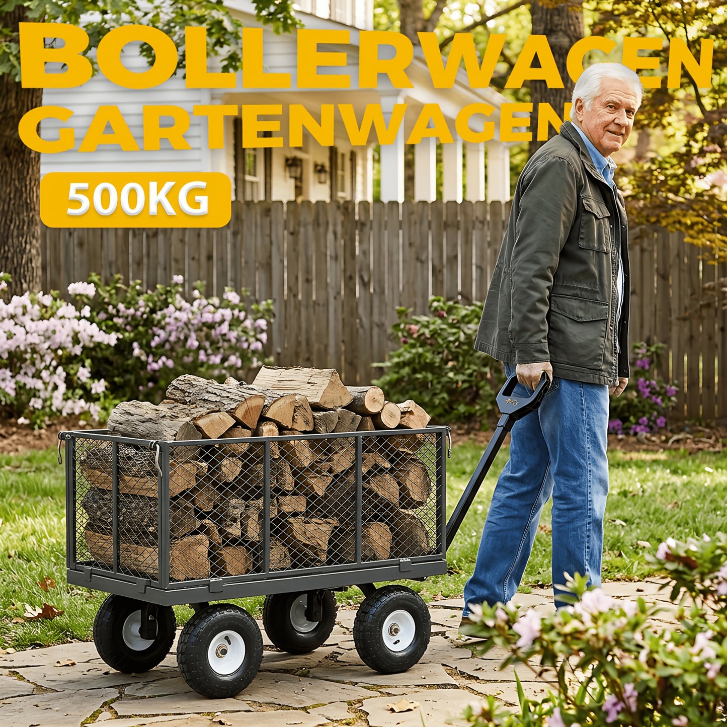 Carrello da giardino e carrello portaoggetti Titan originale per carichi pesanti, capacità di carico 500 kg/300 kg, carrello convertibile 3 in 1 e carrello a piattaforma, maniglia ergonomica brevettata, pneumatici in gomma con aria, robusto e antiruggine,