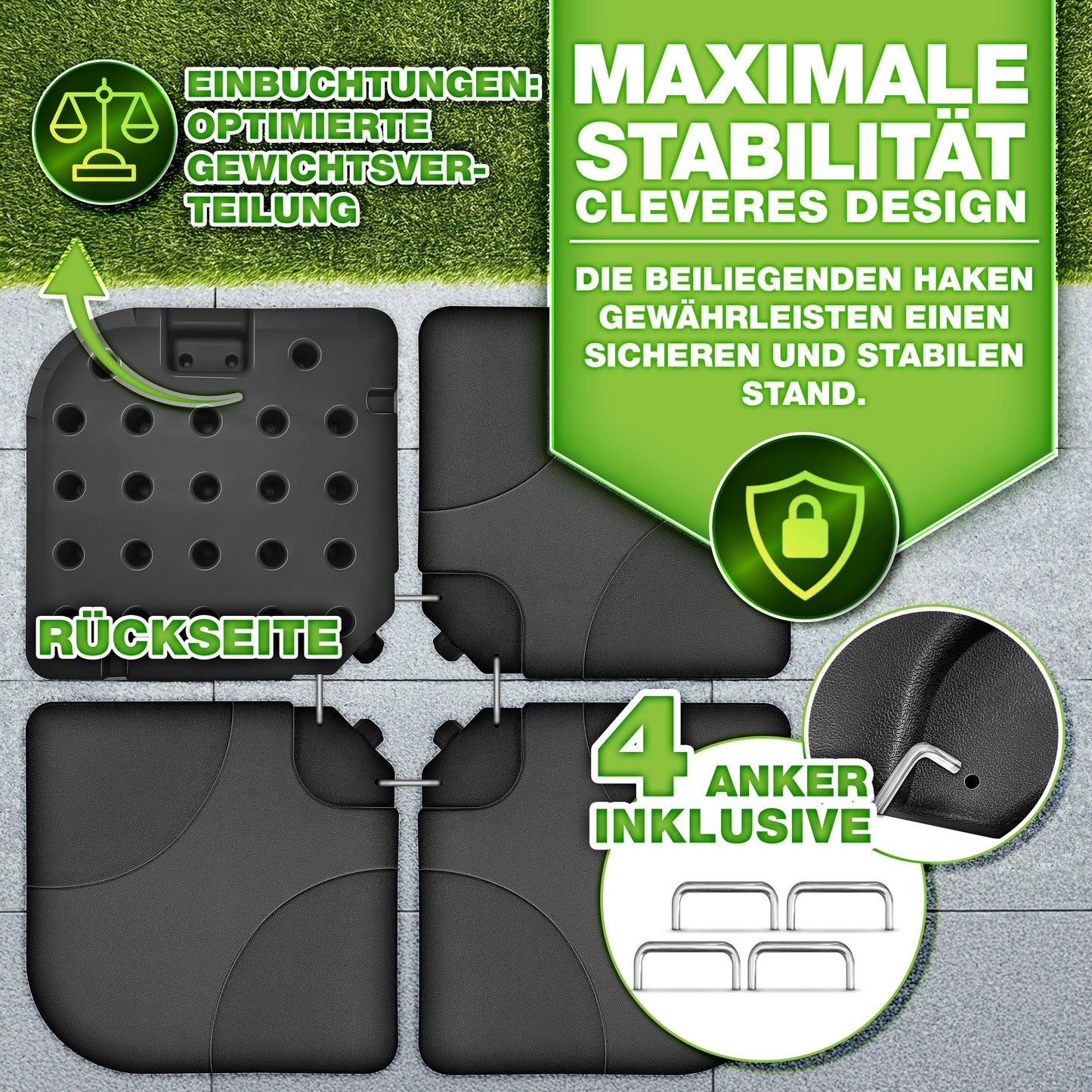 Tillvex® Supporti per Ombrelloni da Sole 60 Litri / 80 Kg - 4 Parti per Ombrellone con Semaforo Incluse Connettori in Metallo | Peso Ombrellone Riempibile con Acqua o Sabbia | Supporto per Ombrellone Resistente alle Intemperie per Balcone Esterno, Terrazz