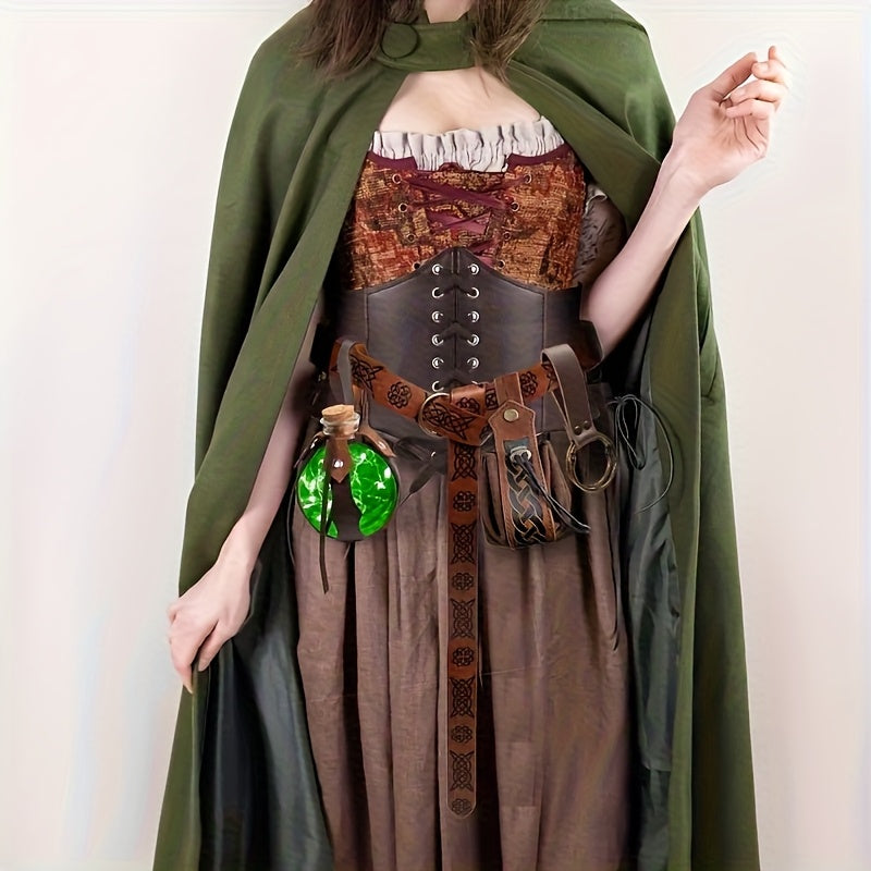 Set da 5 pezzi in stile rinascimentale con corsetto aderente in ecopelle, cintura, marsupio, portamonete, boccetta di pozione luminosa e gonna, adatto per escursionismo, cosplay medievale, Halloween, Giorno del Ringraziamento, Natale e altre occasioni.