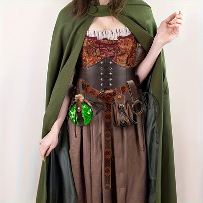 Set da 5 pezzi in stile rinascimentale con corsetto aderente in ecopelle, cintura, marsupio, portamonete, boccetta di pozione luminosa e gonna, adatto per escursionismo, cosplay medievale, Halloween, Giorno del Ringraziamento, Natale e altre occasioni.