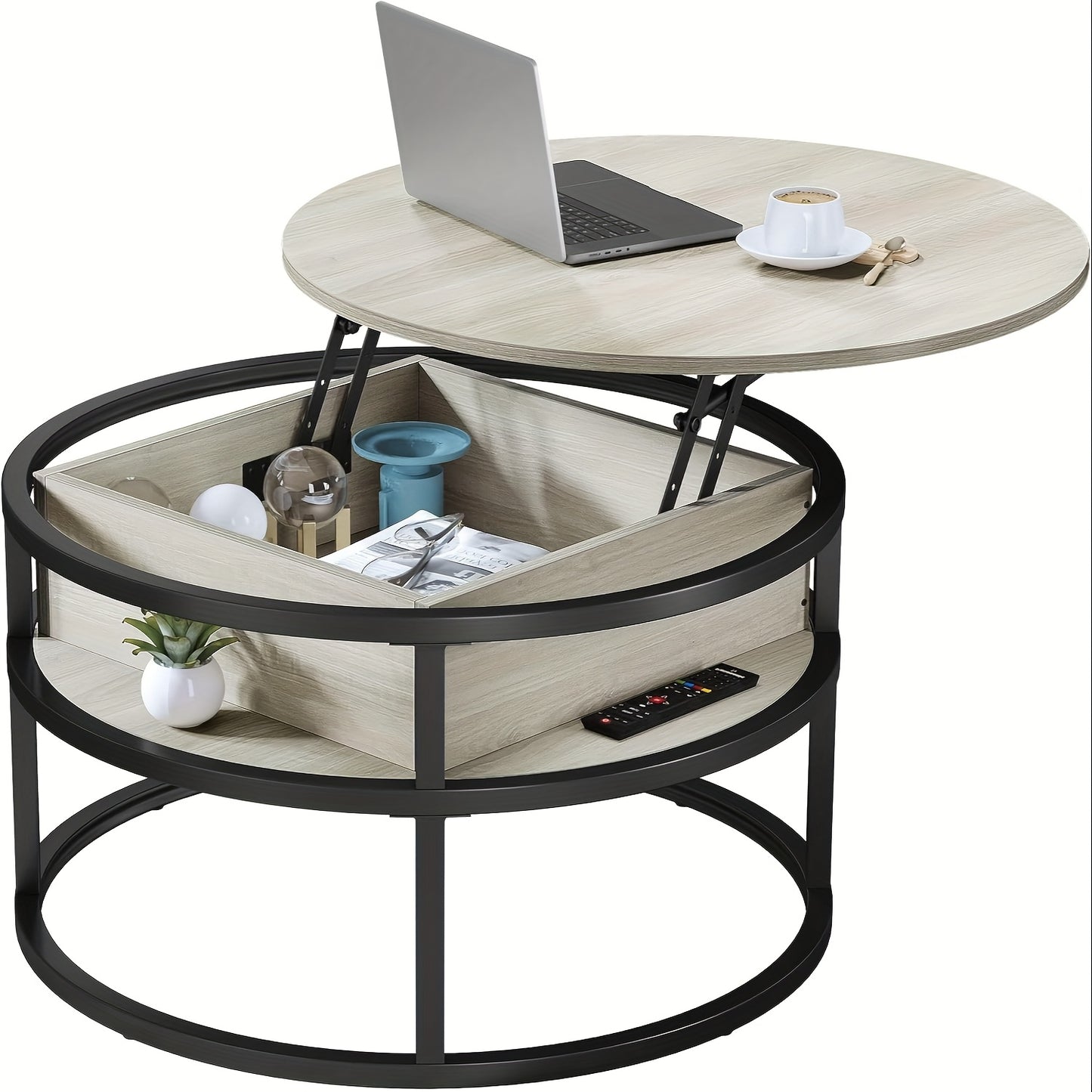 Tavolino da caffè rotondo con sollevamento, tavolino da sa (con scomparto portaoggetti nascosto), tavolino da caffè moderno (con scomparto portaoggetti), adatto per ufficio domestico, tavolino centrale rotondo per soggiorno