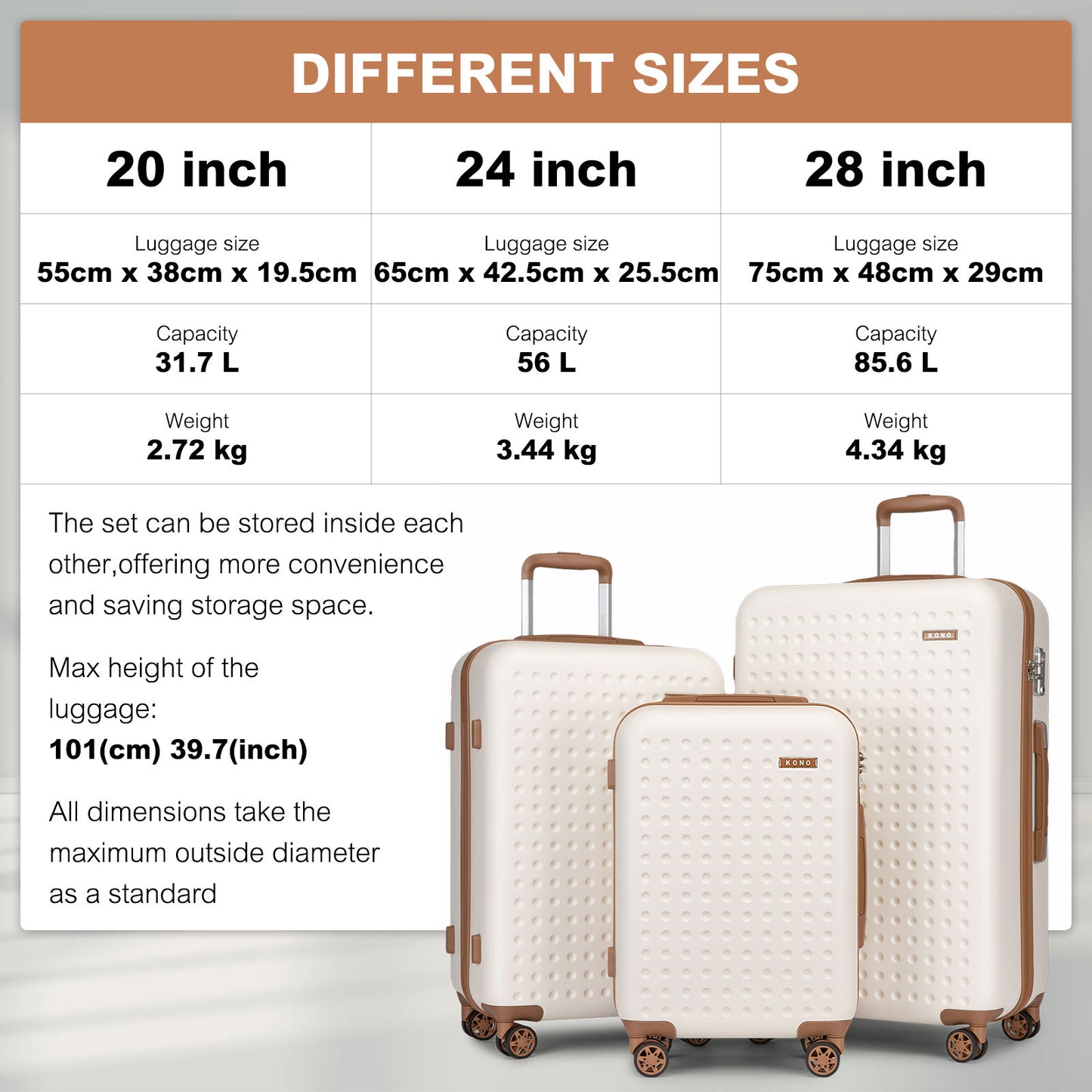 Set valigie da 4 pezzi Kono da 14/20/24/28 pollici, elegante valigia rigida a pois in ABS+PC con lucchetto TSA e beauty case, set da 4 pezzi