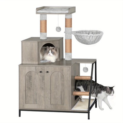 Albero per gatti con mobiletto per lettiera, mobiletto per gatti, casetta moderna 4-in-1 con ampia piattaforma, casetta per gatti con tappetino grattigio in sisal, pali, scale e pompon, cuscini lavabili, grigio-ghiaccio