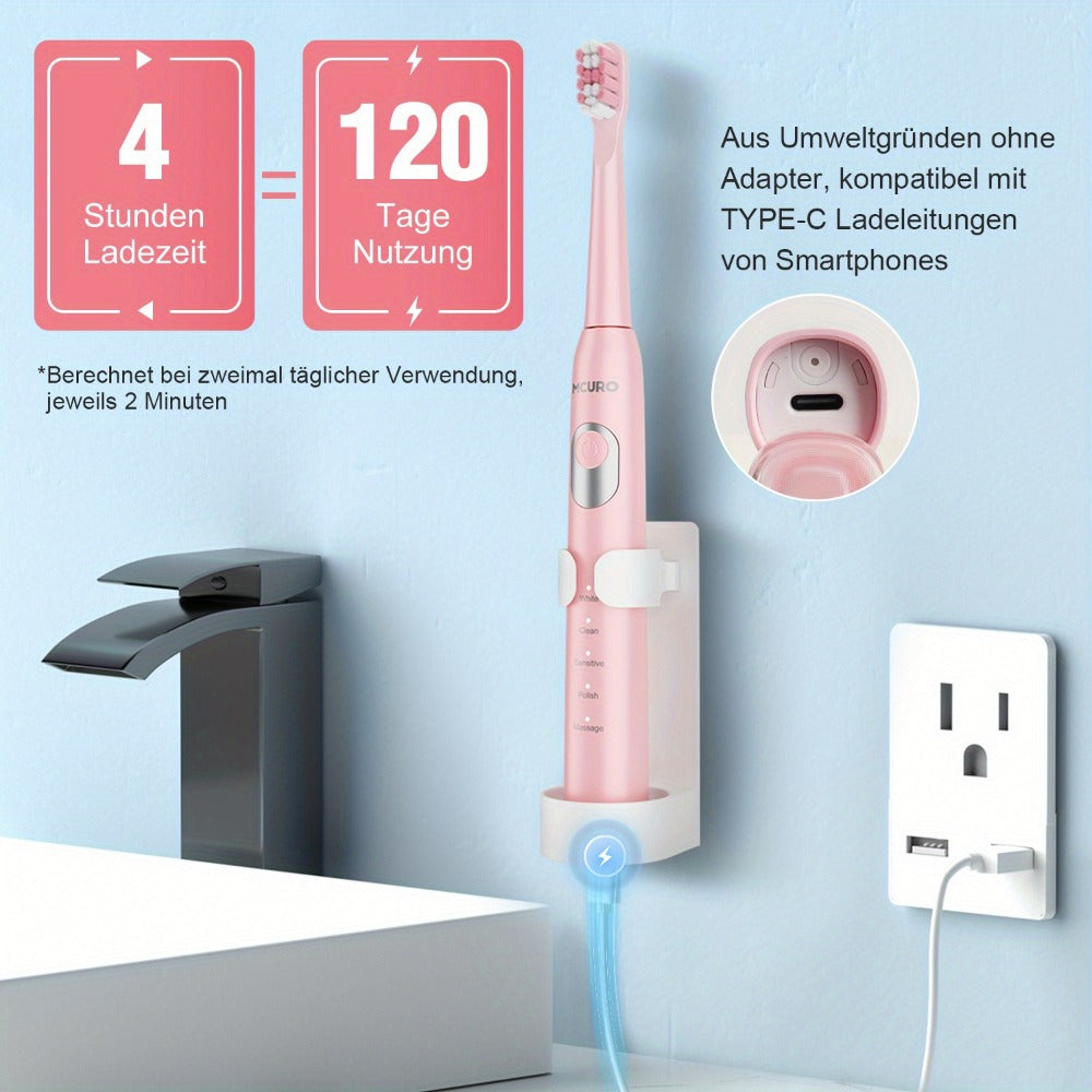 Spazzolino elettrico sonico per adulti con modalità intelligenti e ricaricabile USB, tecnologia a onde sonore adatta a denti e gengive sensibili, setole morbide, 6 testine, custodia da viaggio e supporto da parete, adatto per viaggi, regali di Natale