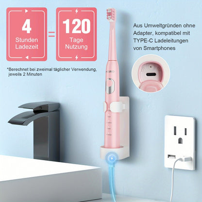 Spazzolino elettrico sonico per adulti con modalità intelligenti e ricaricabile USB, tecnologia a onde sonore adatta a denti e gengive sensibili, setole morbide, 6 testine, custodia da viaggio e supporto da parete, adatto per viaggi, regali di Natale