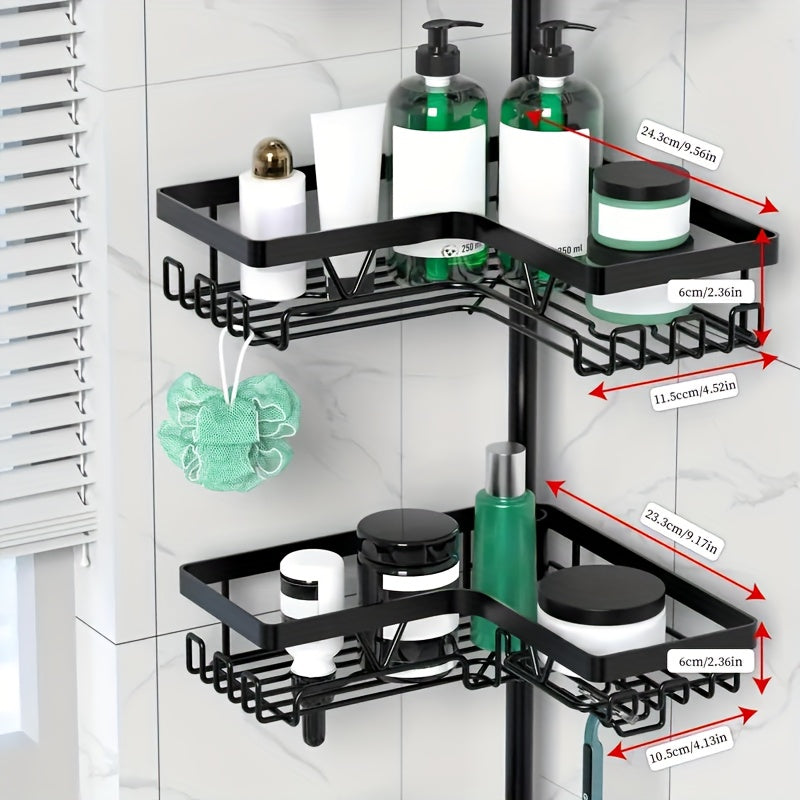 Un robusto e alto ripiano angolare per il bagno, un ripiano angolare regolabile per la doccia che non richiede foratura, dotato di un rack portaoggetti nero a 4 ripiani resistente alla ruggine, ideale per organizzare le aree angolari della doccia - Perfet